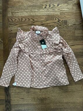 Tuckernuck Pink Patterned Ruffle-Trim Button Front Blouse